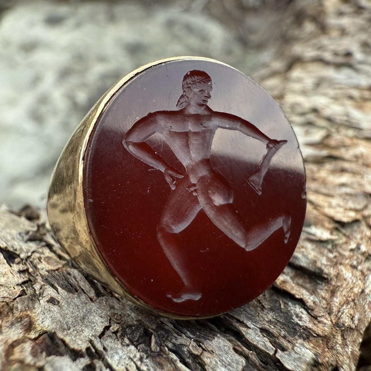 Etruscan Revival Gold Ring Set With A Carnelian Intaglio Of A Running Athlete.-photo-8