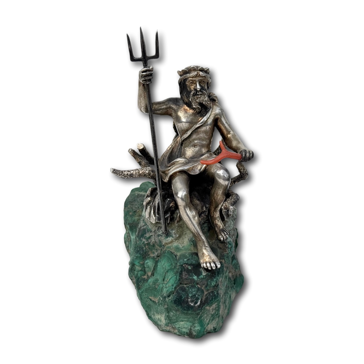 Silver Gilt Figure Of Neptune Upon A Malachite Boulder. Italian, 19th Century.-photo-3