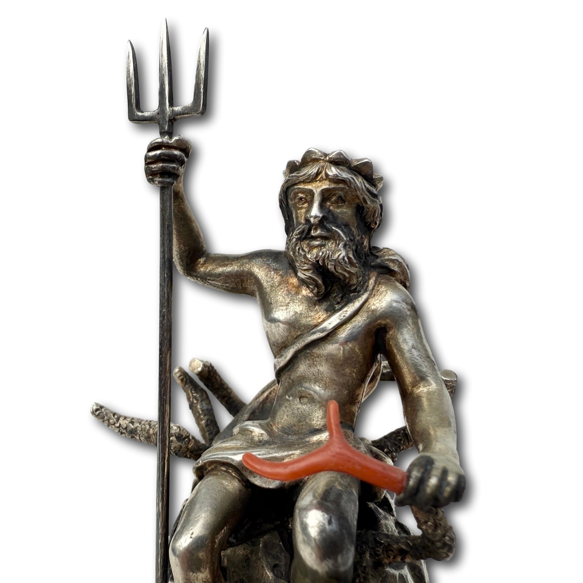 Silver Gilt Figure Of Neptune Upon A Malachite Boulder. Italian, 19th Century.-photo-1