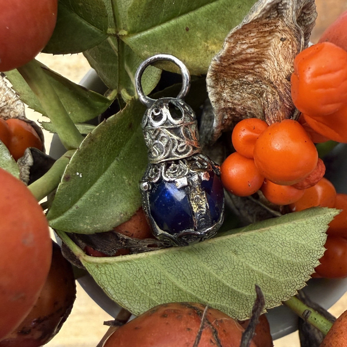 Miniature Blue Glass Scent Bottle With Silver Mounts. English, 17th Century.   -photo-2