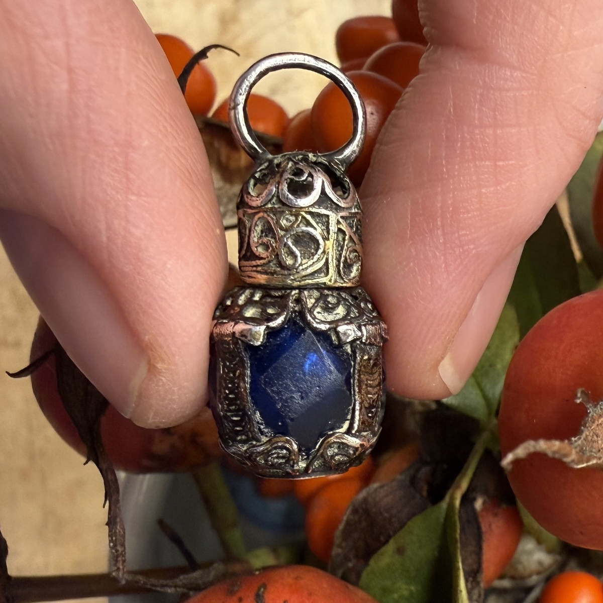 Miniature Blue Glass Scent Bottle With Silver Mounts. English, 17th Century.   -photo-2