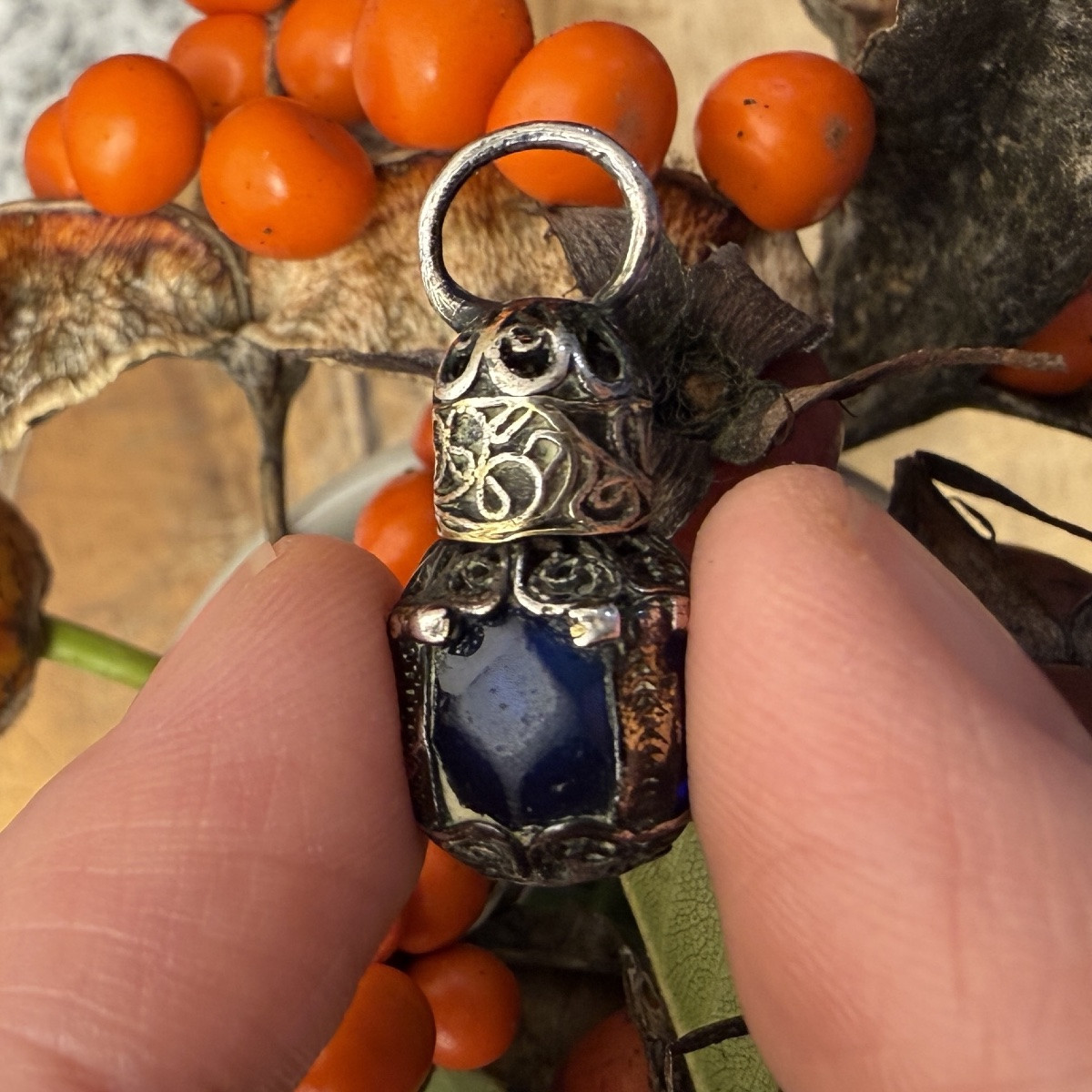 Miniature Blue Glass Scent Bottle With Silver Mounts. English, 17th Century.   -photo-3