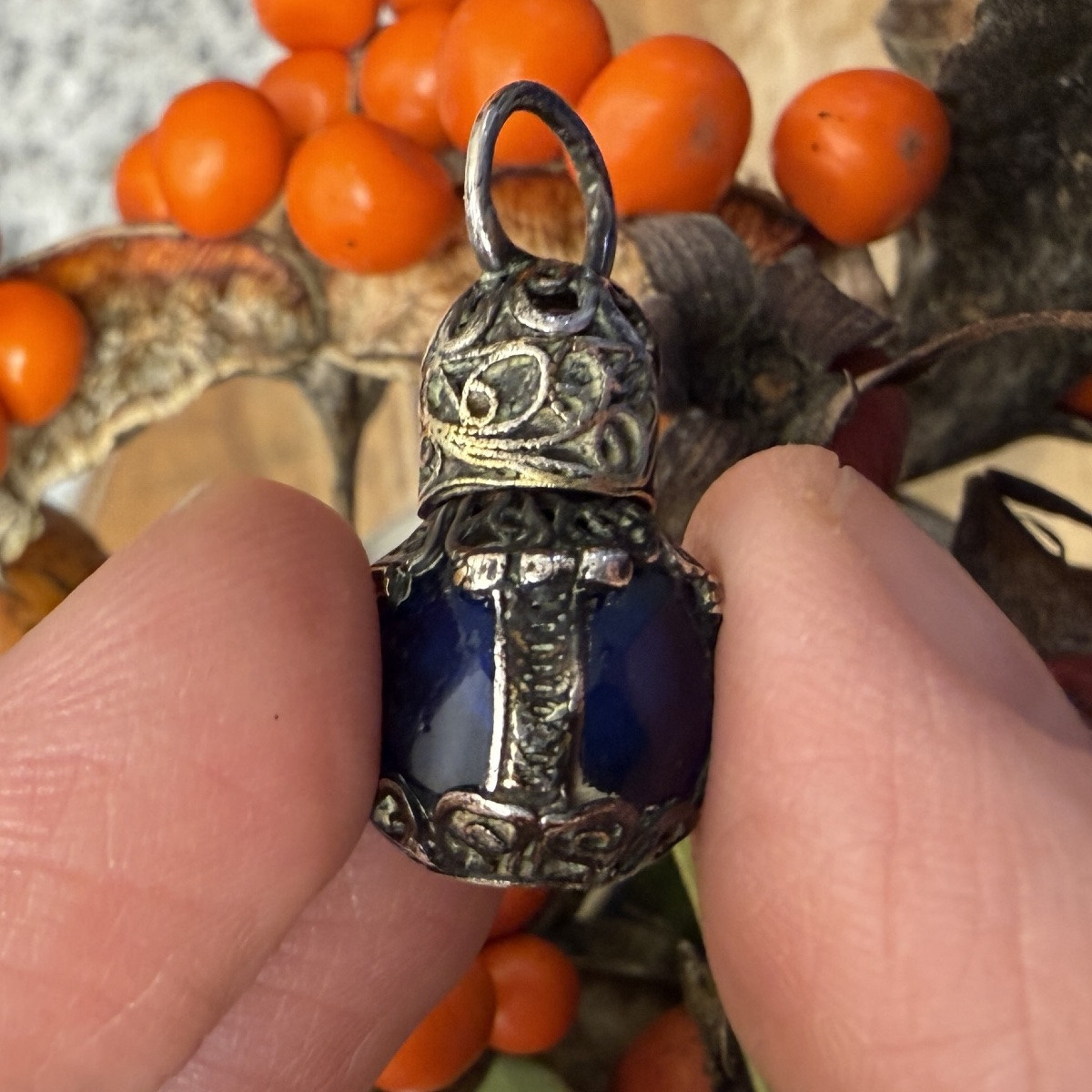 Miniature Blue Glass Scent Bottle With Silver Mounts. English, 17th Century.   -photo-4