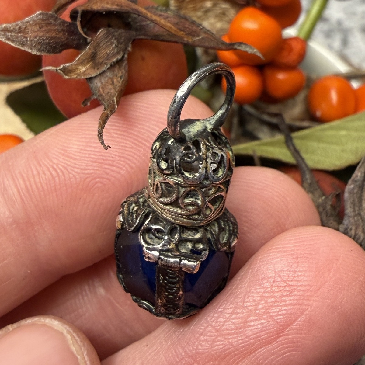 Miniature Blue Glass Scent Bottle With Silver Mounts. English, 17th Century.   -photo-6