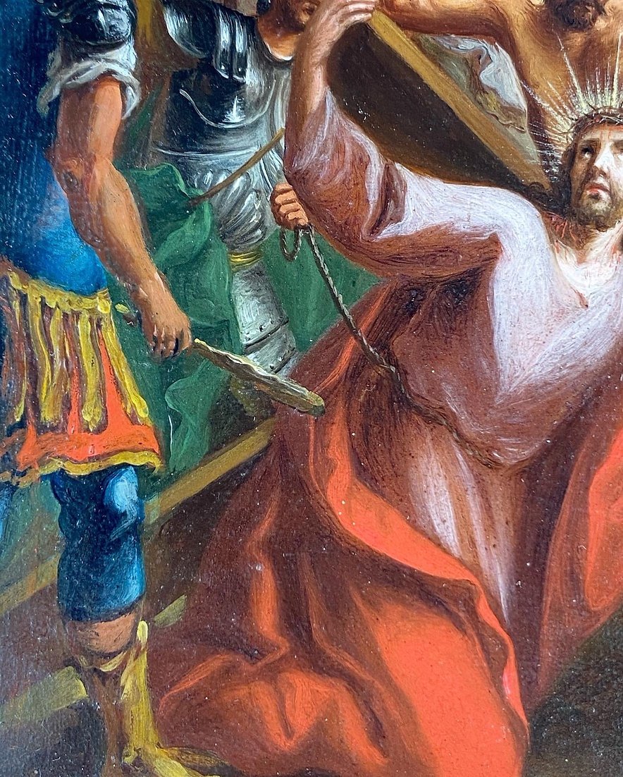 Cabinet Peinture Christ Sur Le Chemin Du Calvaire. Allemand, Début Du XVIIIe Siècle.-photo-1