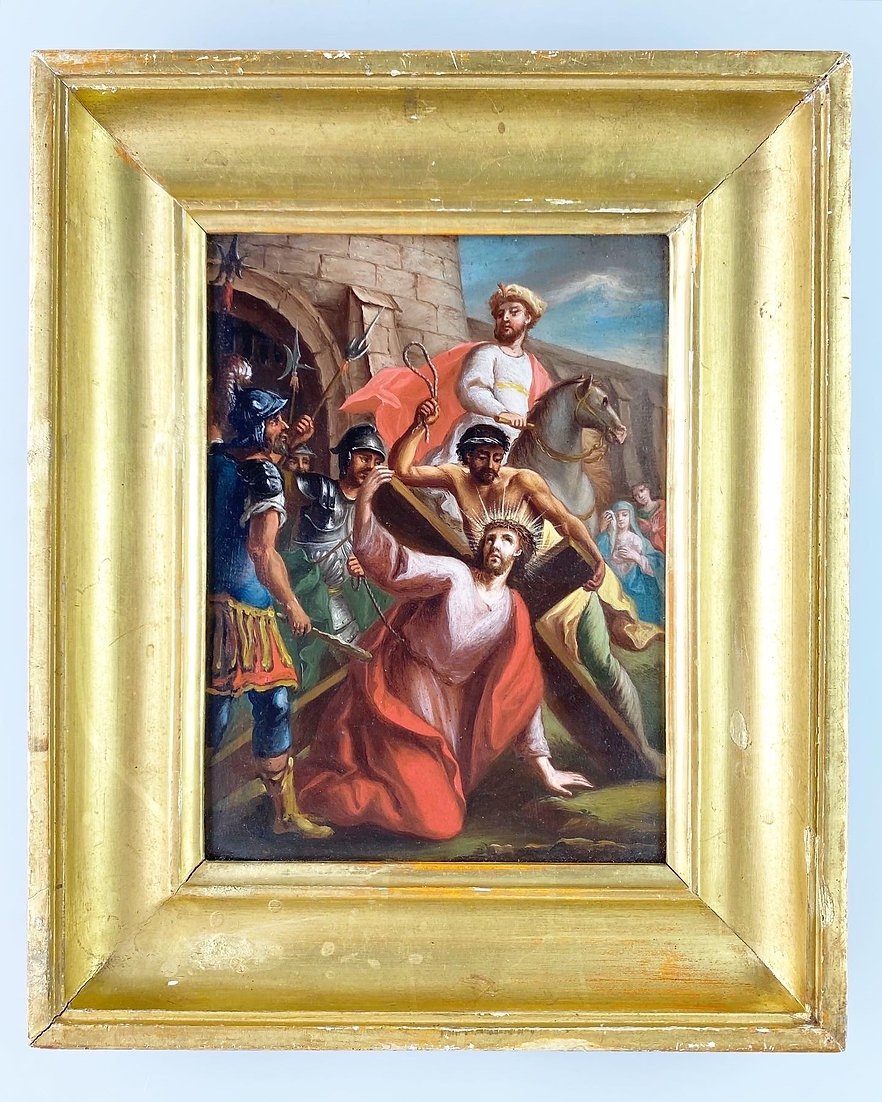 Cabinet Peinture Christ Sur Le Chemin Du Calvaire. Allemand, Début Du XVIIIe Siècle.