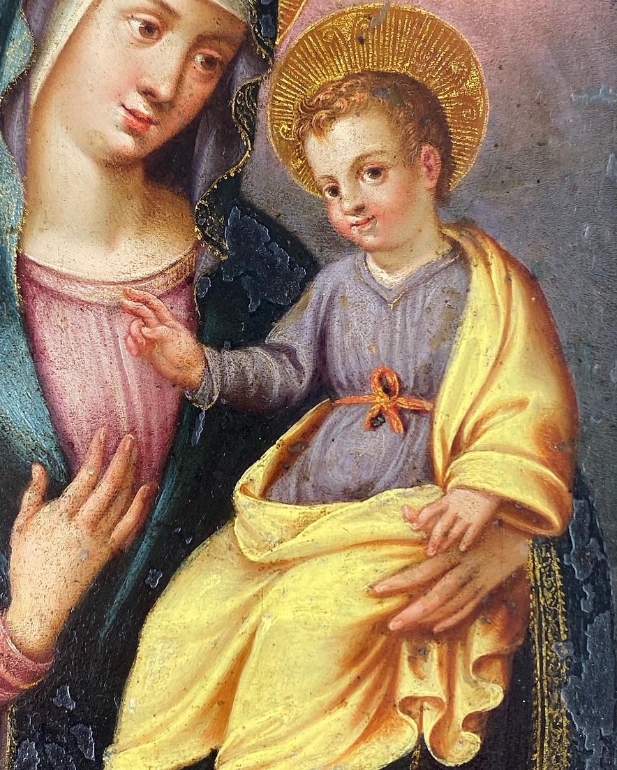 Cabinet Painting Of The Virgin & Child. Spanish, Mid-17th Century.-photo-2