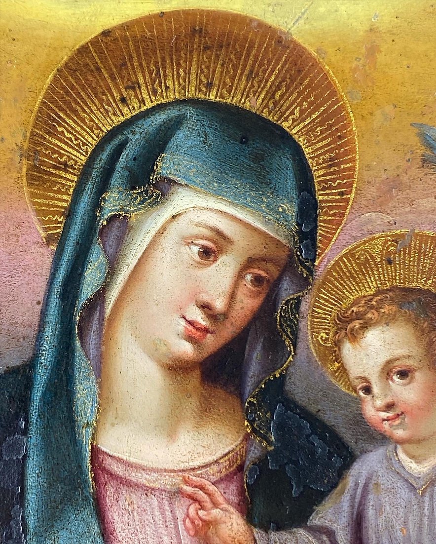 Cabinet Painting Of The Virgin & Child. Spanish, Mid-17th Century.-photo-3