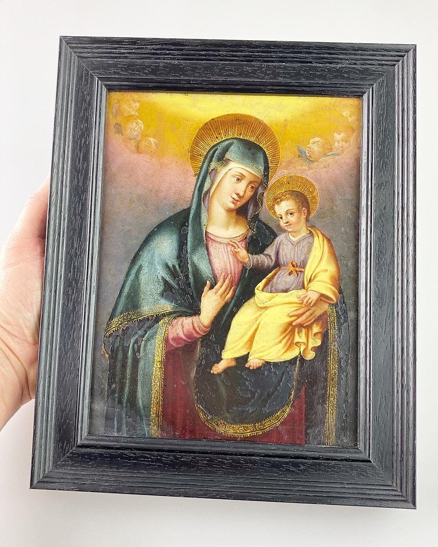 Cabinet Painting Of The Virgin & Child. Spanish, Mid-17th Century.-photo-4