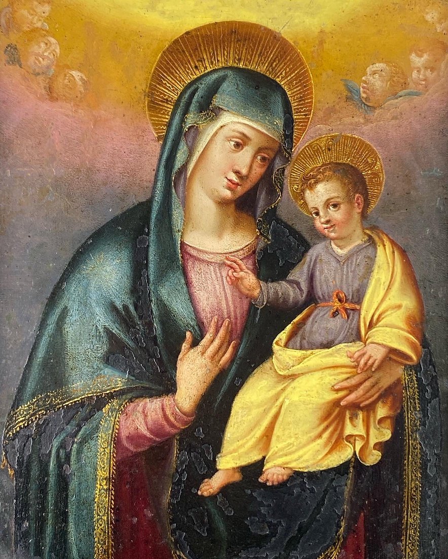 Cabinet Painting Of The Virgin & Child. Spanish, Mid-17th Century.-photo-3
