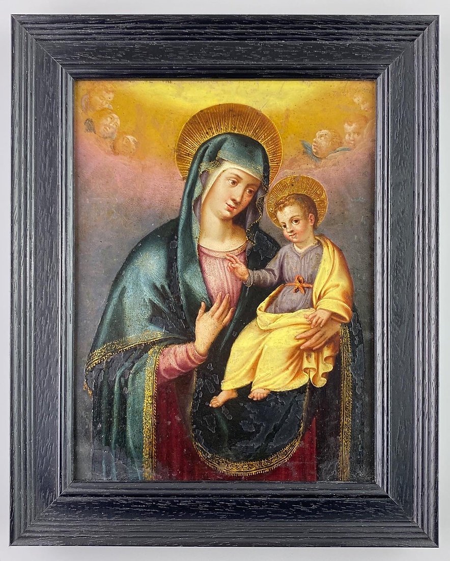 Cabinet Painting Of The Virgin & Child. Spanish, Mid-17th Century.