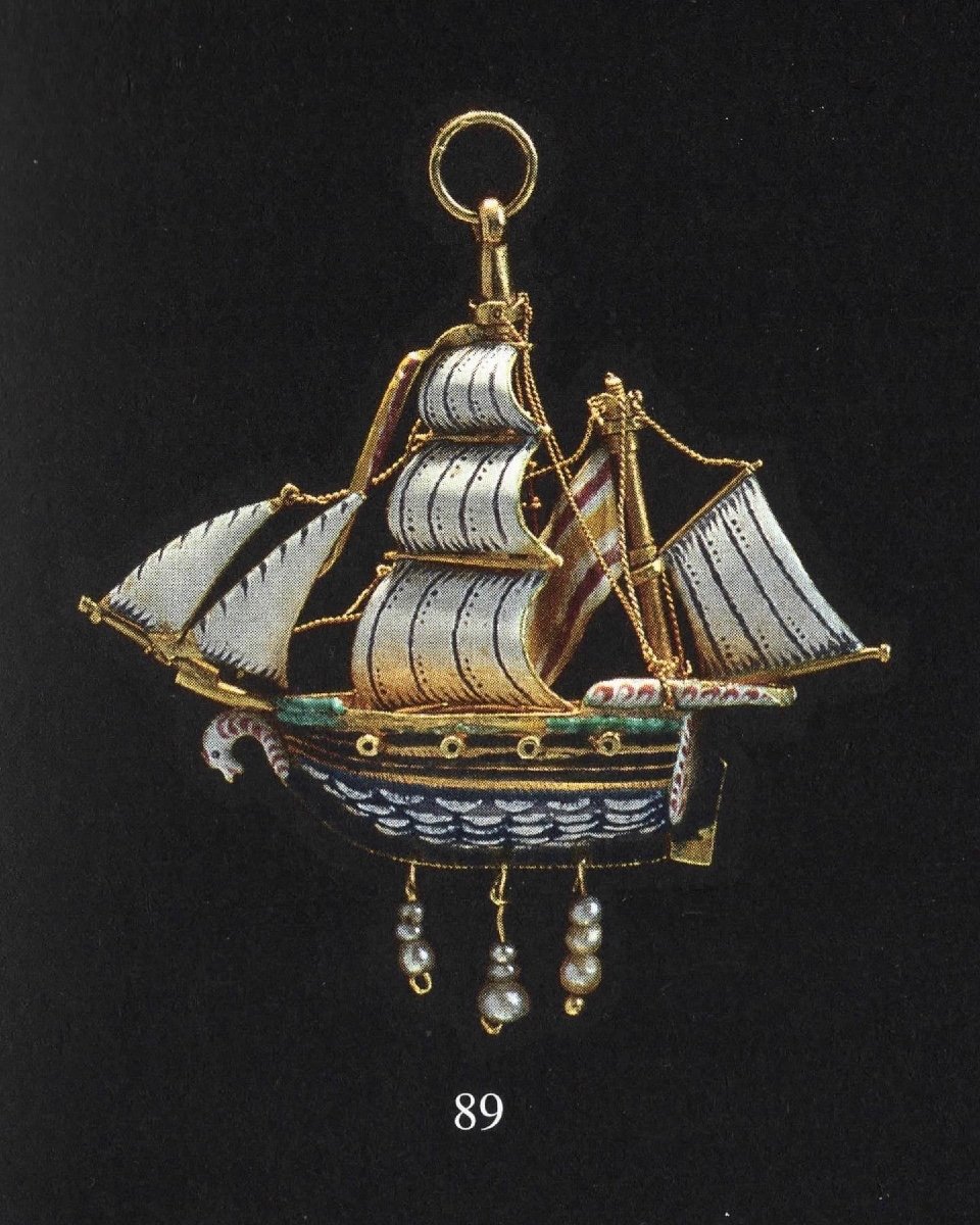 Pendant Set With Gold, Enamel And Pearls In The Shape Of A Ship. Spanish, Around 1700.-photo-2