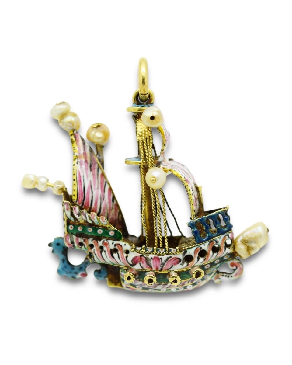 Pendant Set With Gold, Enamel And Pearls In The Shape Of A Ship. Spanish, Around 1700.-photo-4