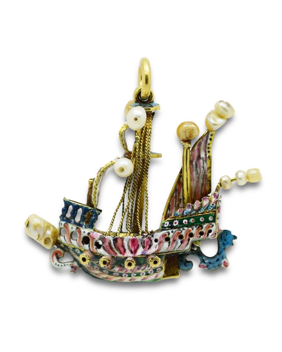Pendant Set With Gold, Enamel And Pearls In The Shape Of A Ship. Spanish, Around 1700.-photo-6