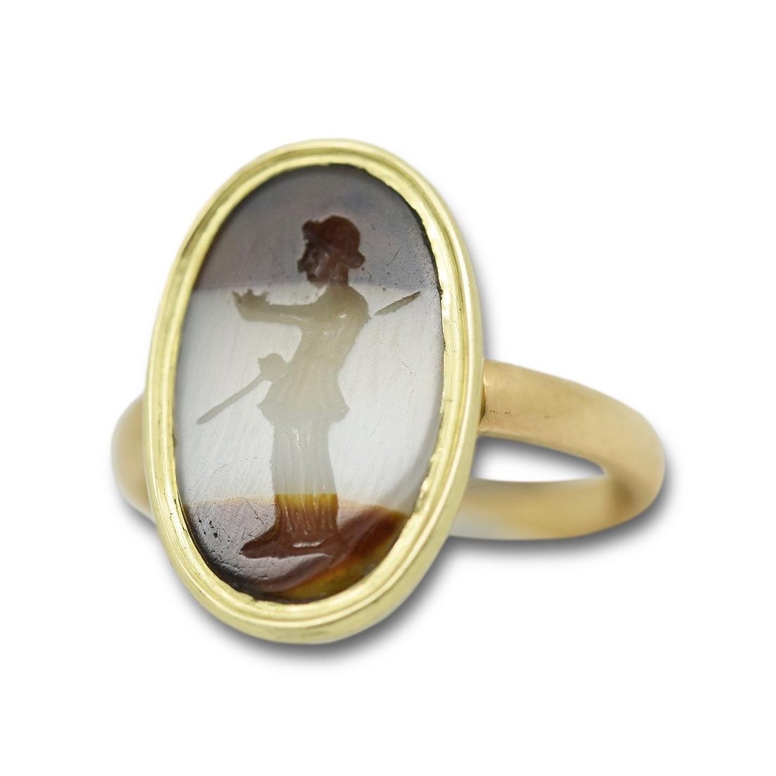 Ring With An Italic Intaglio In Banded Agate Of A Soldier. Roman, 1st - 2nd Century-photo-2