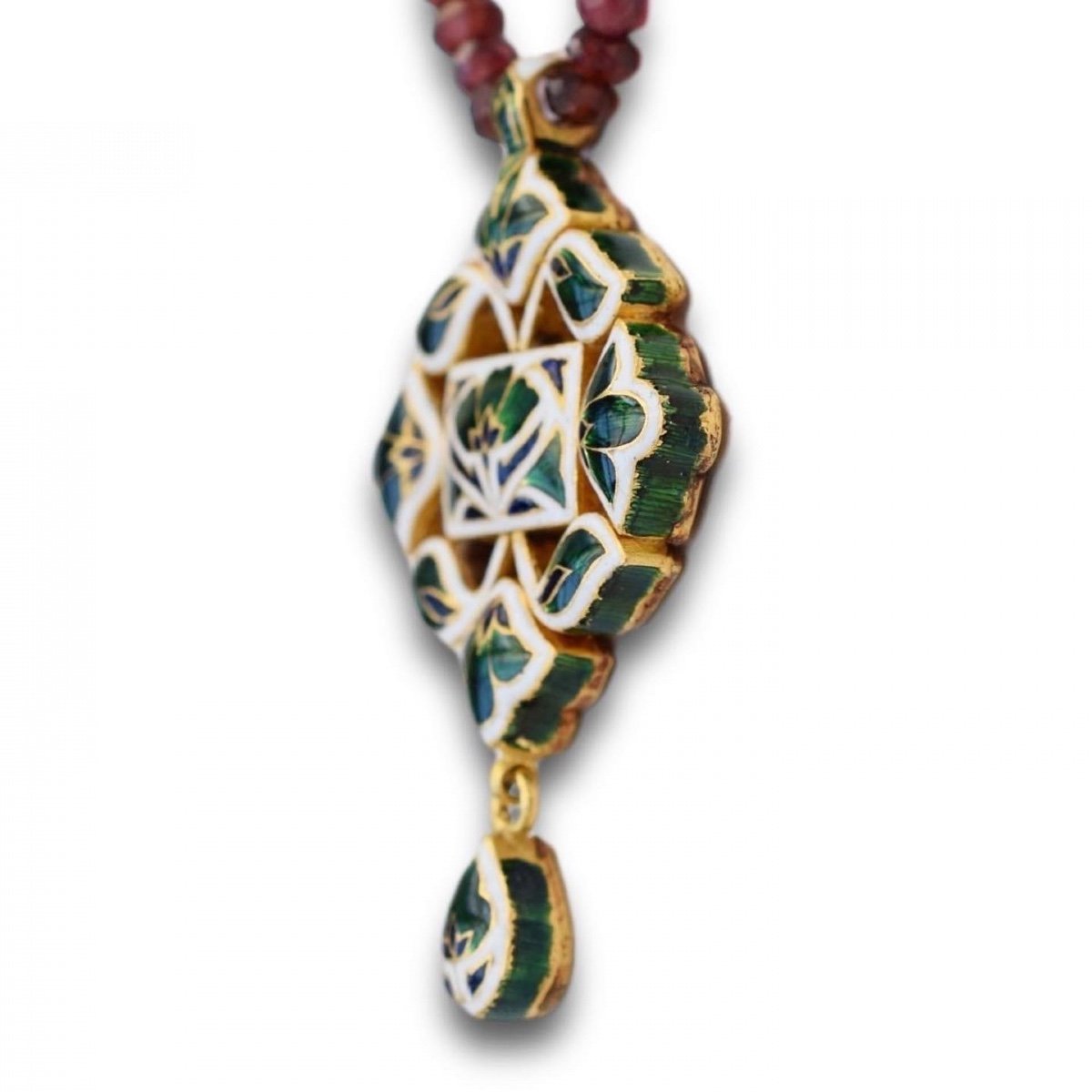 Enamel And Gold Pendant With Diamonds And A Table Cut Garnet. Indian, Circa 1900-photo-1