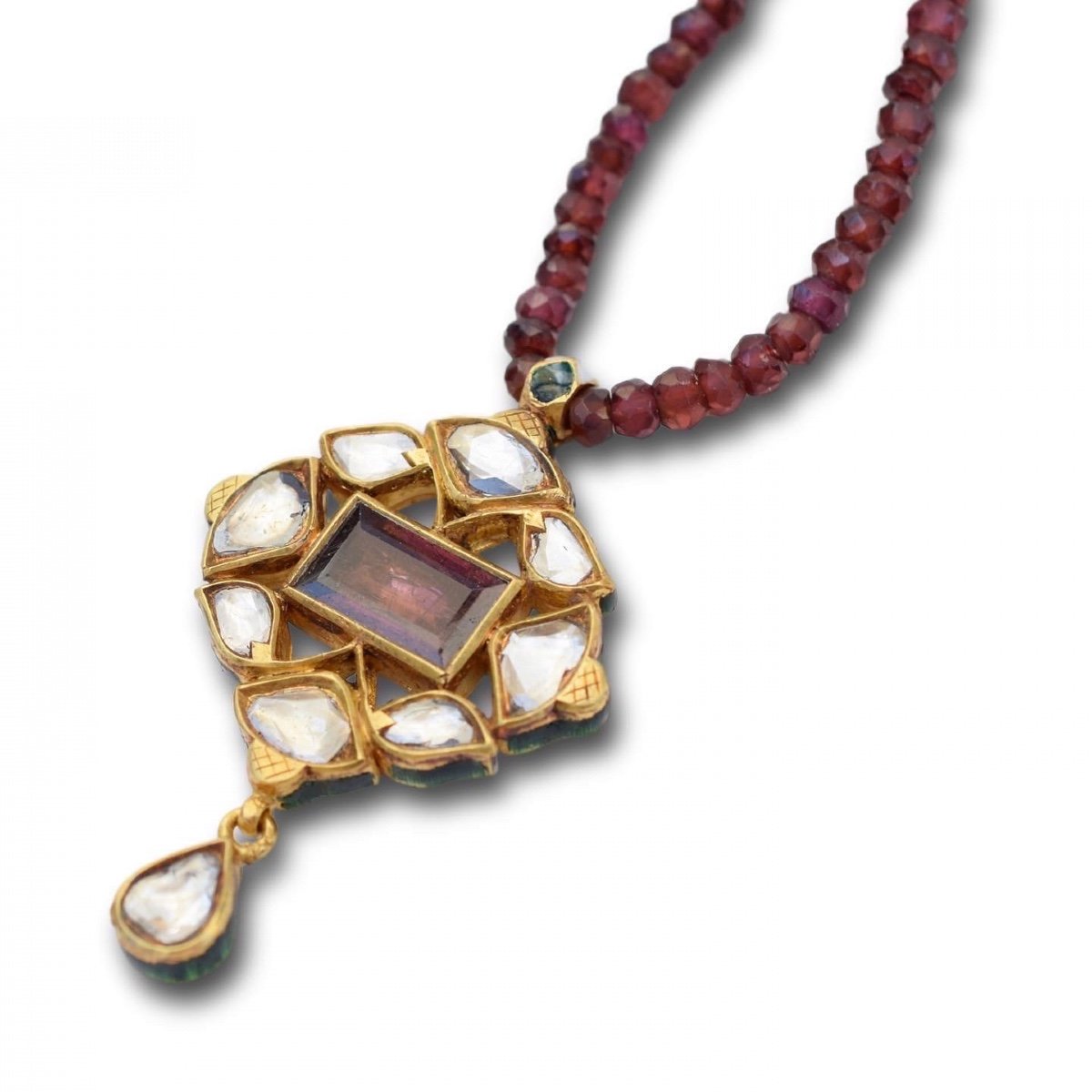 Enamel And Gold Pendant With Diamonds And A Table Cut Garnet. Indian, Circa 1900-photo-6