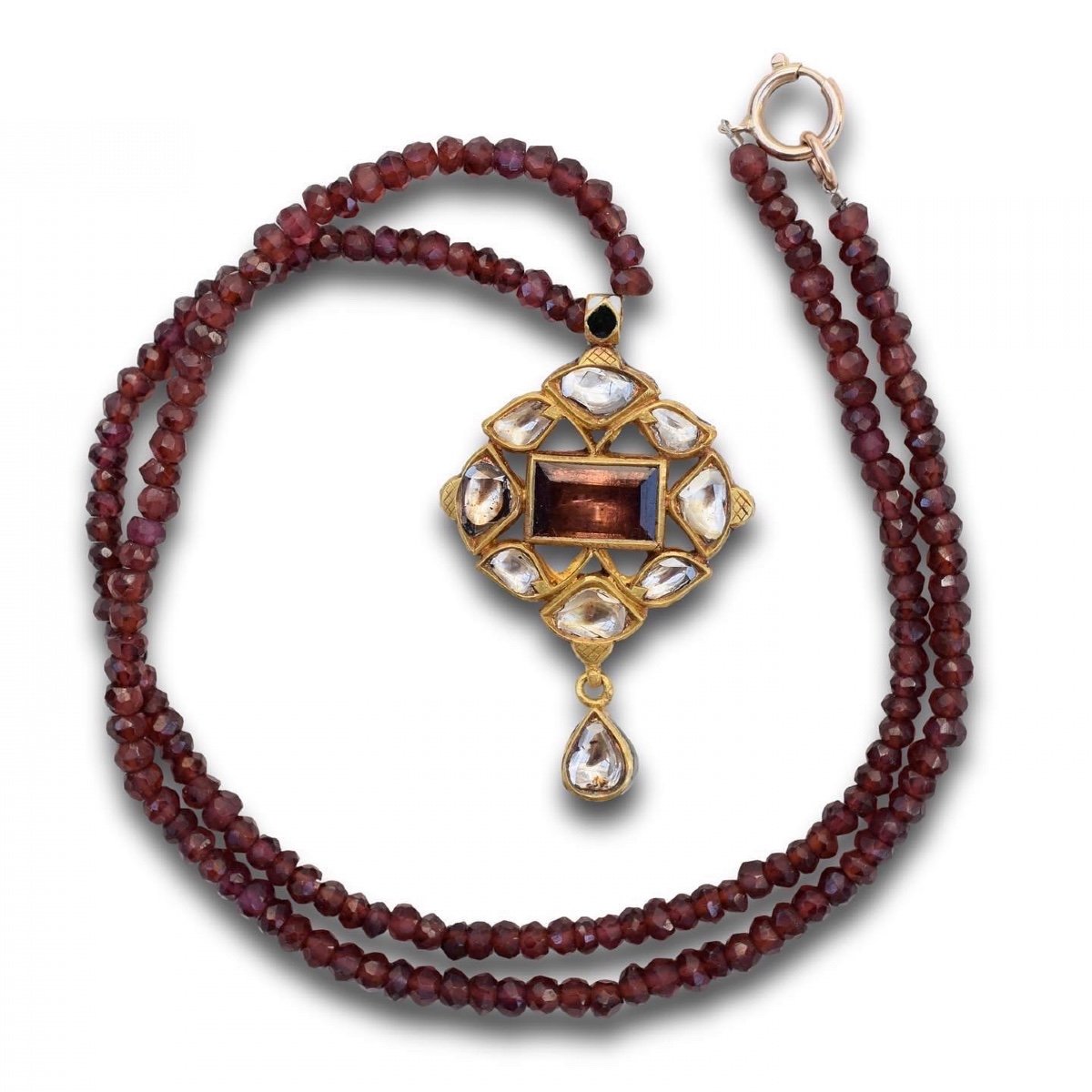 Enamel And Gold Pendant With Diamonds And A Table Cut Garnet. Indian, Circa 1900