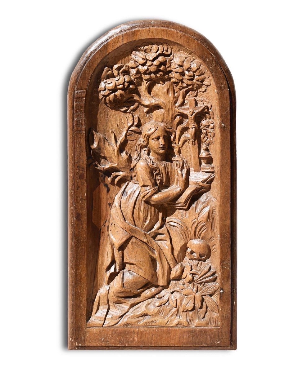 Oak Tabernacle Door Carved With Mary Magdalene. French, Early 17th Century.