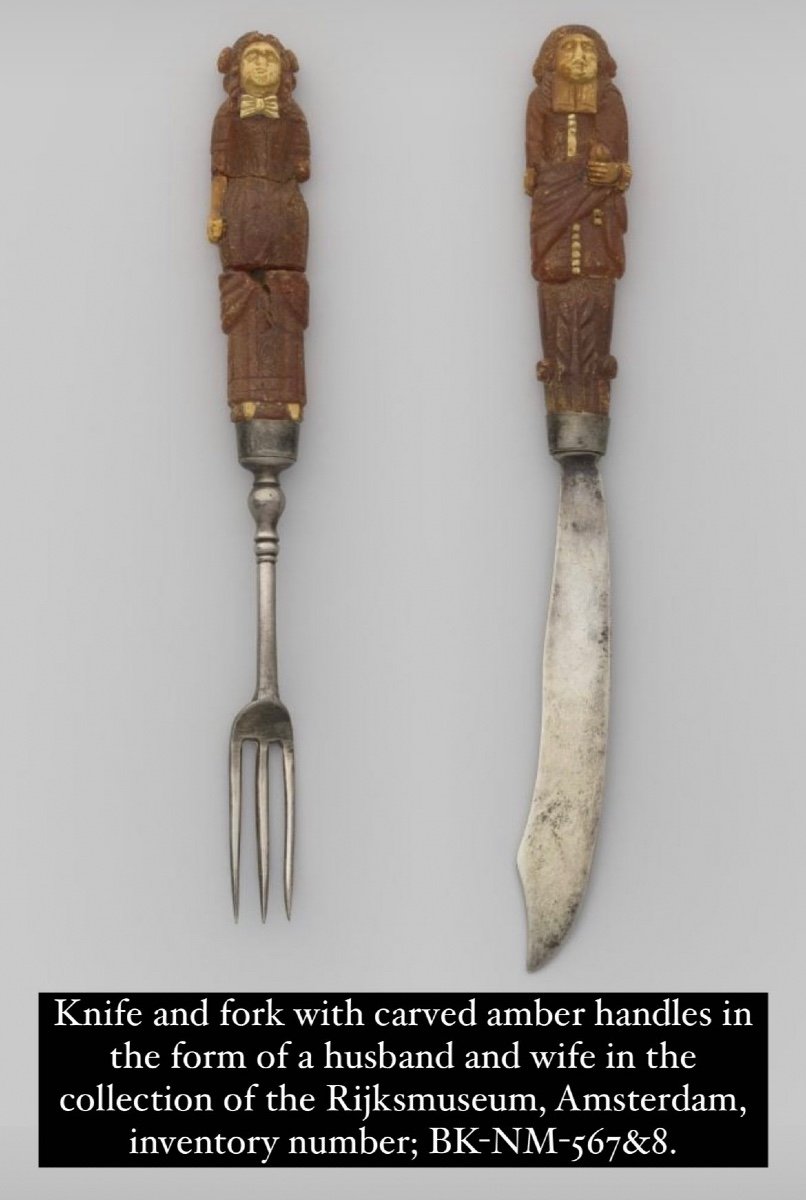 Rare Paire De Couverts De Mariage à Manche En Ambre. Allemagne Du Nord, XVIIe Siècle.-photo-2
