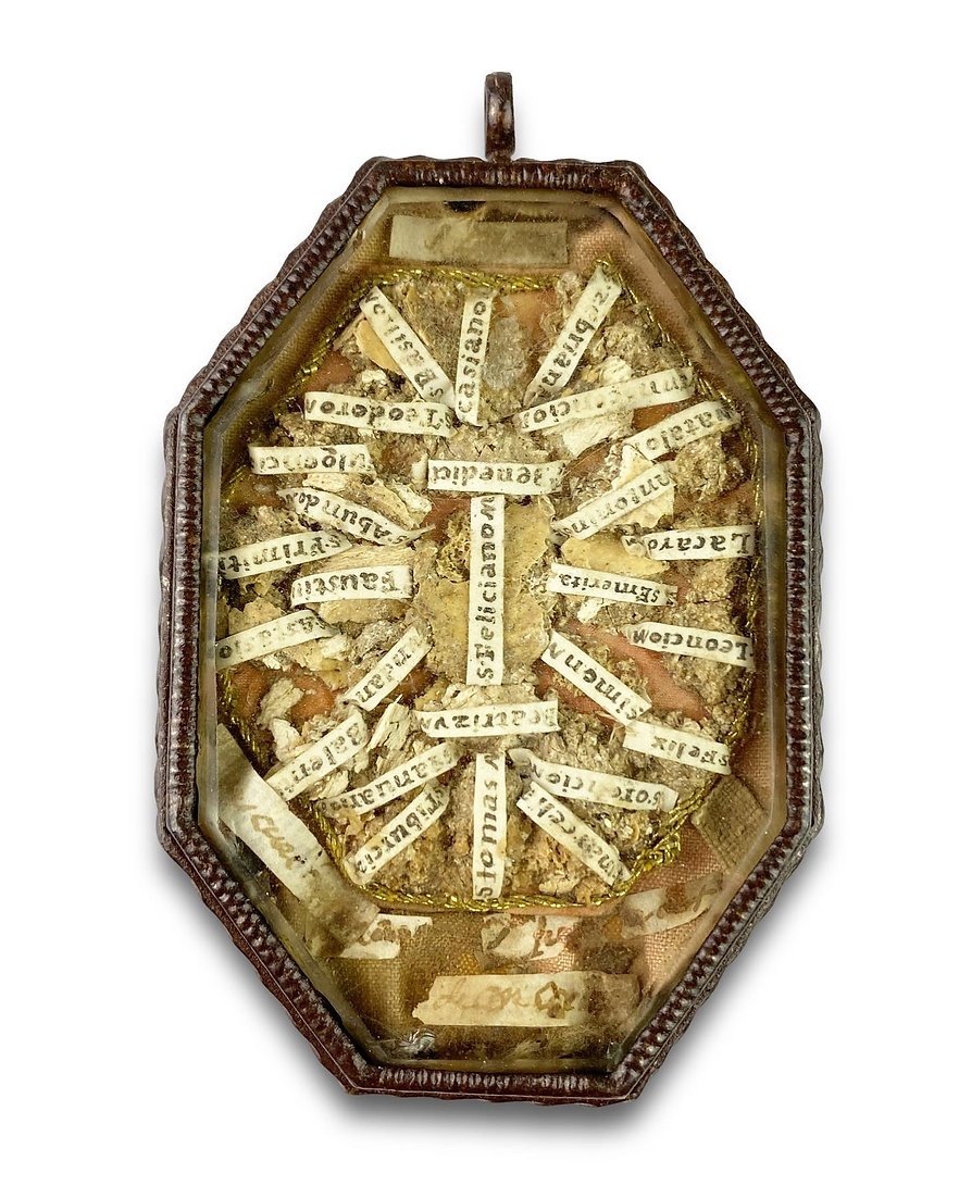Hexagonal Steel Reliquary Pendant. Spanish, Mid-17th Century.