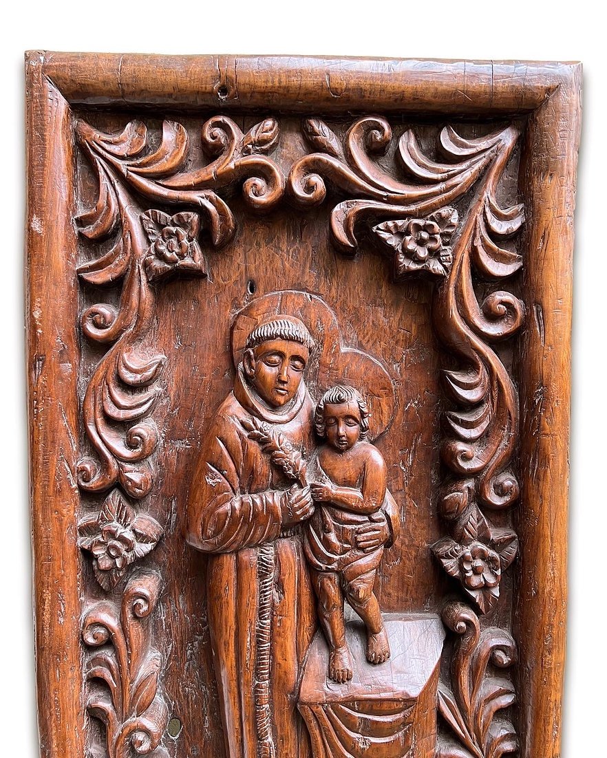 Hardwood Relief With Saint Anthony And The Child Jesus. Goa, 18th Century.-photo-2