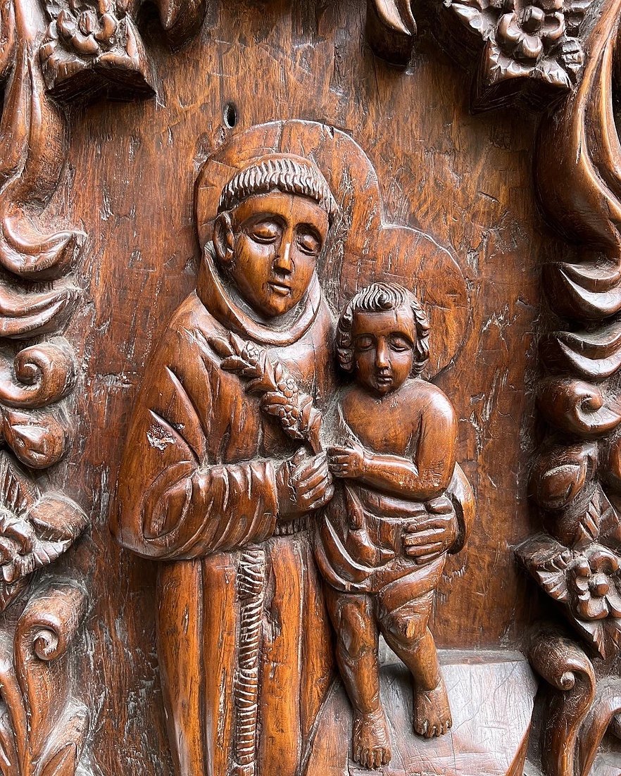 Hardwood Relief With Saint Anthony And The Child Jesus. Goa, 18th Century.-photo-4