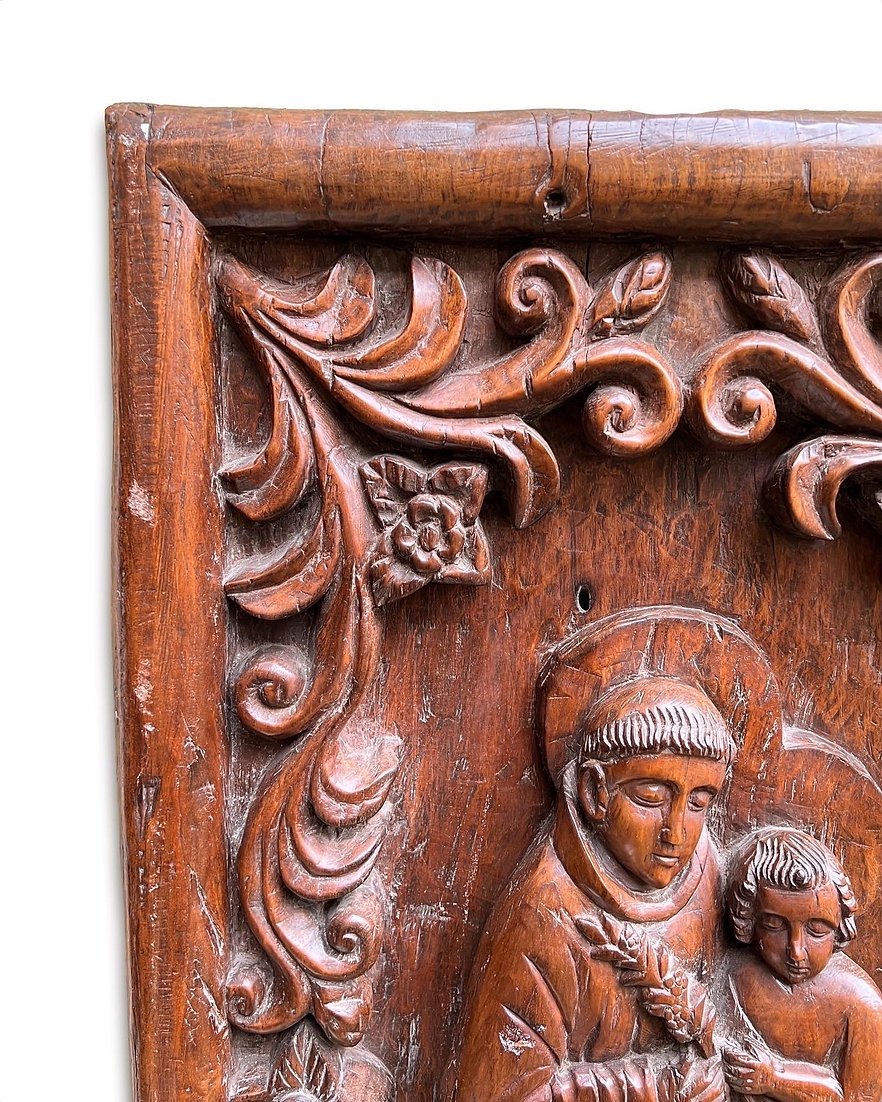 Hardwood Relief With Saint Anthony And The Child Jesus. Goa, 18th Century.-photo-4