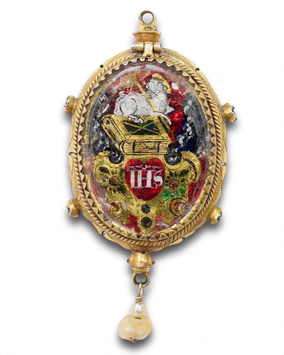 Silver Gilt And Rock Crystal Verre églomisé Pendant. German, Circa. 1600.-photo-2