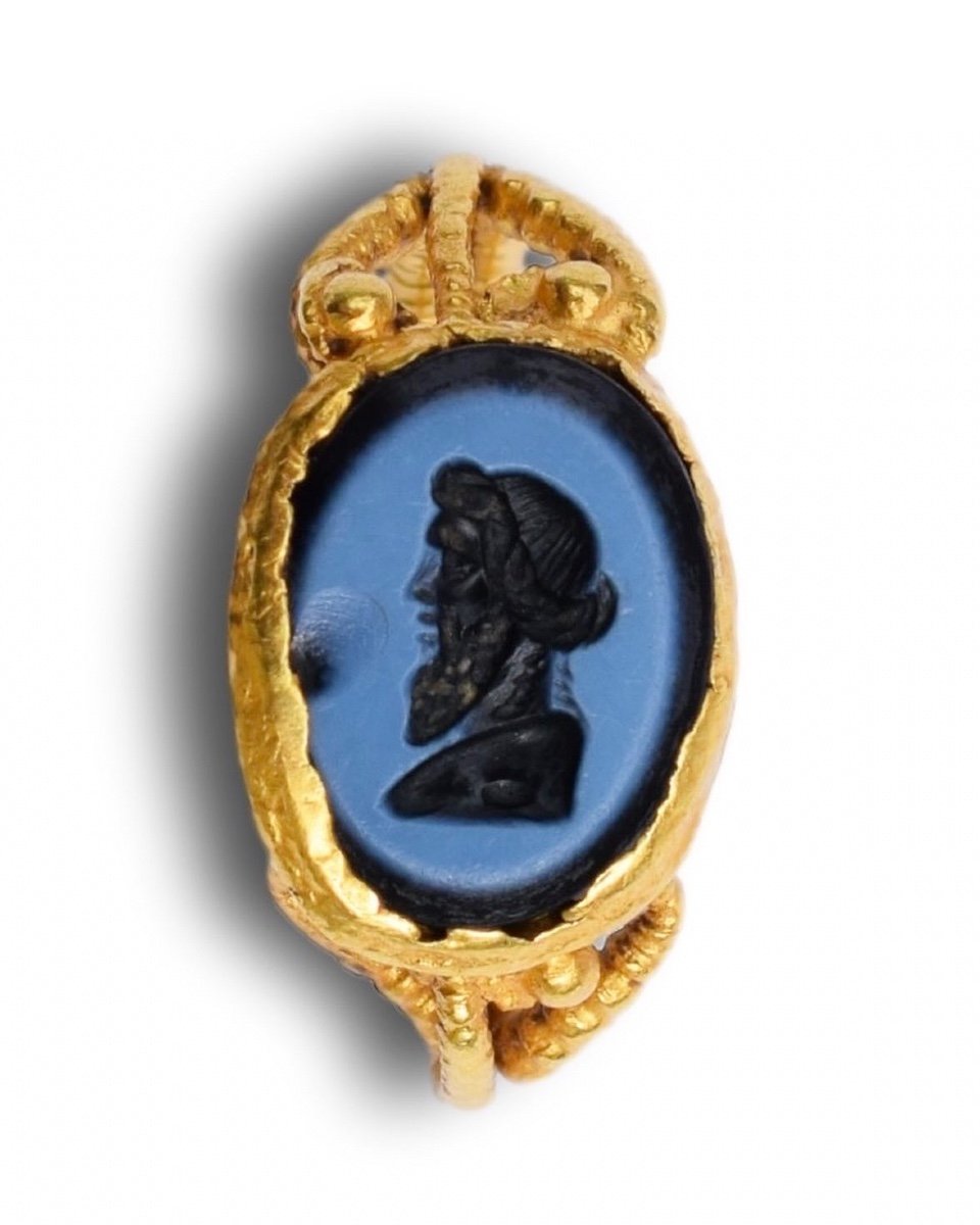 Bague En Or De La Rome Antique Avec Une Intaille Nicolo d'Un Bacchus Barbu En Hermès.-photo-4