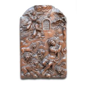 Extraordinary Oak Relief Of Daniel In The Lions Den. German, Late 17th Century.