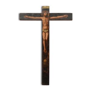 Walnut Crucifix Painted With The Cristo Vivo. Spanish, Mid 17th Century.
