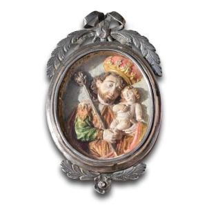 Pendentif Avec Un Relief De Saint Joseph Et l'Enfant Jésus. Mexicain, XVIIIe Siècle. 
