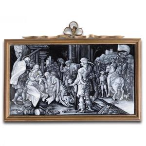 En Grisaille Enamel Plaque Of The Adoration Of The Magi. Limoges, 19th Century.