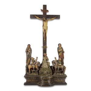 Rare Polychromed Wooden Calvary Altarpiece. French, Mid 16th Century.