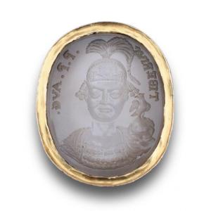 Gold Ring Set With A Chalcedony Intaglio Of Emperor Tiberius III Absimarus.