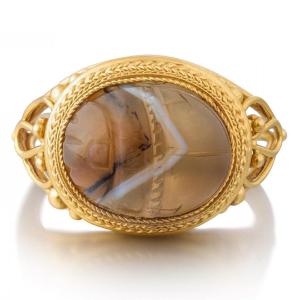 Etruscan Revival Gold Ring Set With An Agate Scarab. Italian, C.1870.