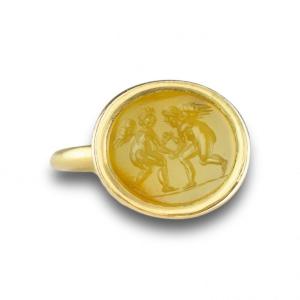 Gold Ring With A Roman Intaglio Of Wrestling Erotes. 1st - 2nd Century Ad.