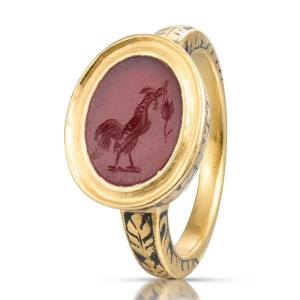 Bague En Or Avec Une Intaille d'Un Coq. Romain, 1er / 2ème Siècle & 17ème Siècle