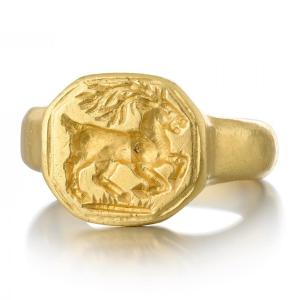 Gold Merchants Ring With The Image Of A Galloping Stag. German, 17th Century.