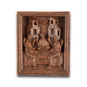 Cypress Wood Panel With The Holy Trinity. Mount Athos, Greece, 18th Century.