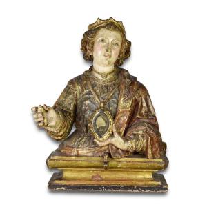 Buste Reliquaire En Bois Polychrome d'Une Sainte. Espagnol, Début Du XVIIe Siècle 