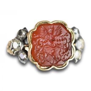 Diamond Set Gold And Carnelian Signet Ring.   german, Late 18th Century.