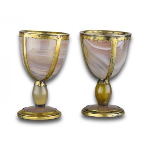 Miniature Pair Of Silver Gilt And Agate Goblets. German, 18th Century.