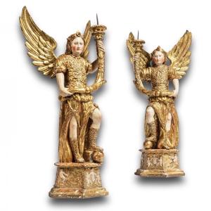 Pair Of Gilded Wooden Torcheres Of Angels. North Italian, 17th Century.