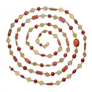 Archeological Revival Gold Long-chain Necklace With Ancient Carnelian Intaglios.