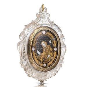 Rock crystal pendant with a verre églomisé miniature. Italian, 17th century.