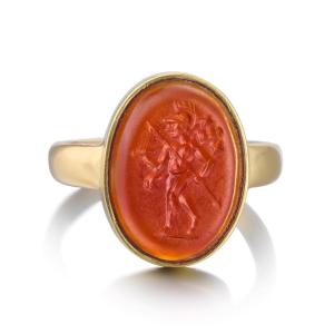 Gold Ring With An Ancient Carnelian Intaglio Of Mars. Roman, 2nd Century A.d.