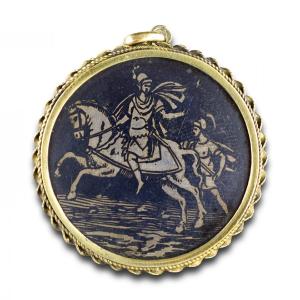 Silver Gilt And Niello Pendant With A Roman Soldier. Italian, 19th Century.