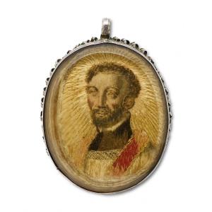 Silver Pendant With A Needlework Picture Of Saint Francis. Spanish, 18th Century